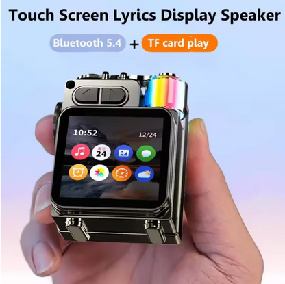 Touch-Screen Bluetooth Mini Speaker, 2.1” HD Touch Screen Control, Multifunction: Music|Call|Lyrics|Weather…etc,Metal Armor Design & Bass Subwoofer, Long Playtime: Built-in 1200mAh, Optional: Exclusive Earbuds