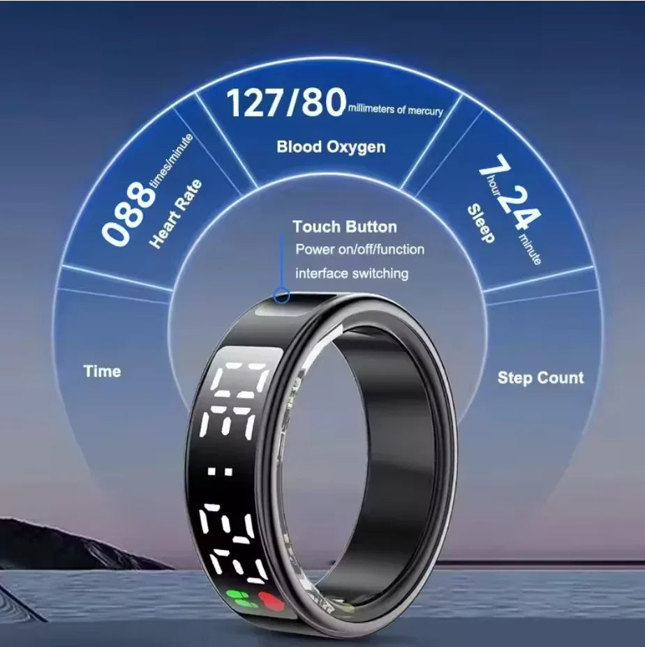 Bluetooth Smart Ring Stainless Steel - Fashion Men & Women,Track Steps|Calories|Heart rate|Blood oxygen|Sleep|Stress Monitor|Multi Modes|LED display|Gesture control|remote camera control,Free app (No subscription),Waterproof Light 3.2g 15 days standby - ZeeTec Store
