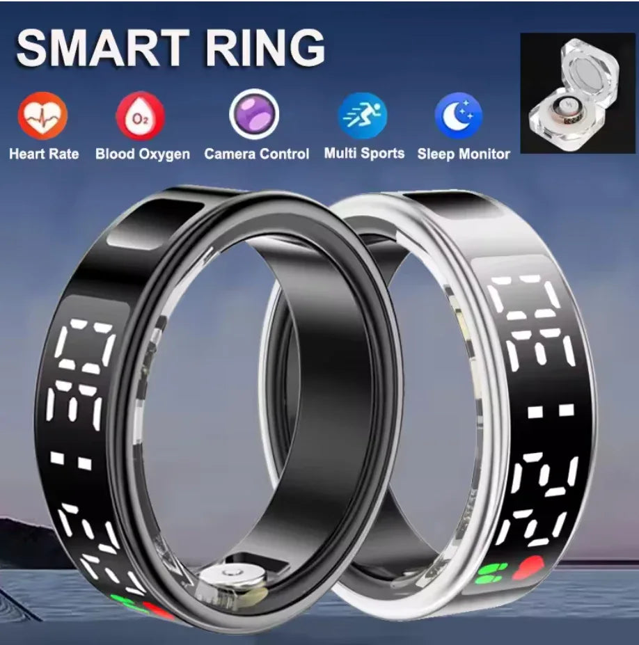 Bluetooth Smart Ring Stainless Steel - Fashion Men & Women,Track Steps|Calories|Heart rate|Blood oxygen|Sleep|Stress Monitor|Multi Modes|LED display|Gesture control|remote camera control,Free app (No subscription),Waterproof Light 3.2g 15 days standby - ZeeTec Store