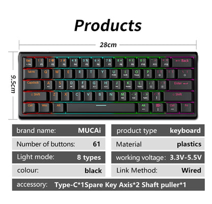 Wired Gaming Mechanical Keyboard 61 Keys Red Switch RGB Backlit Hot Swappable