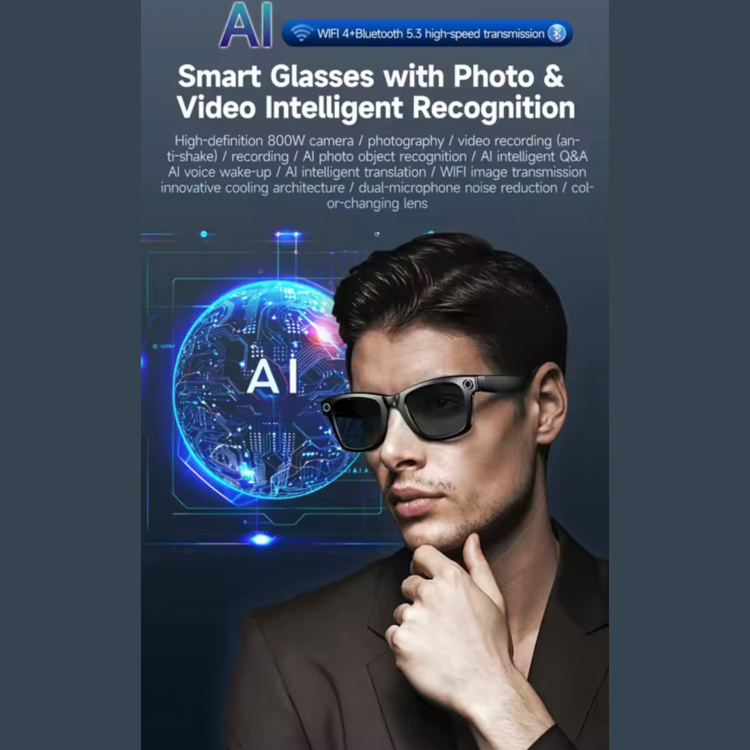 Smart Stylish AI Glasses,Light-weight Touch Control with HD camera (5MP or 8MP) - Voice Calls/Built-in 4GB memory/WiFi/Dual Speaker,Smart AI Advanced Object Recognition & Real-time AI translation,Iphone & Android Phone Compatible,Support changing Lens