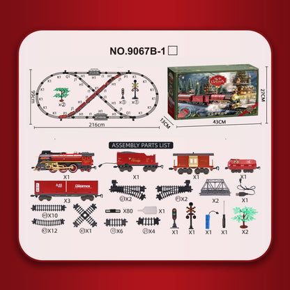 Retro Steam Train Electric Track Toy Features 3 steam spray outlets, Combines lights, forward/backward movement, and simulated steam whistle sounds.
