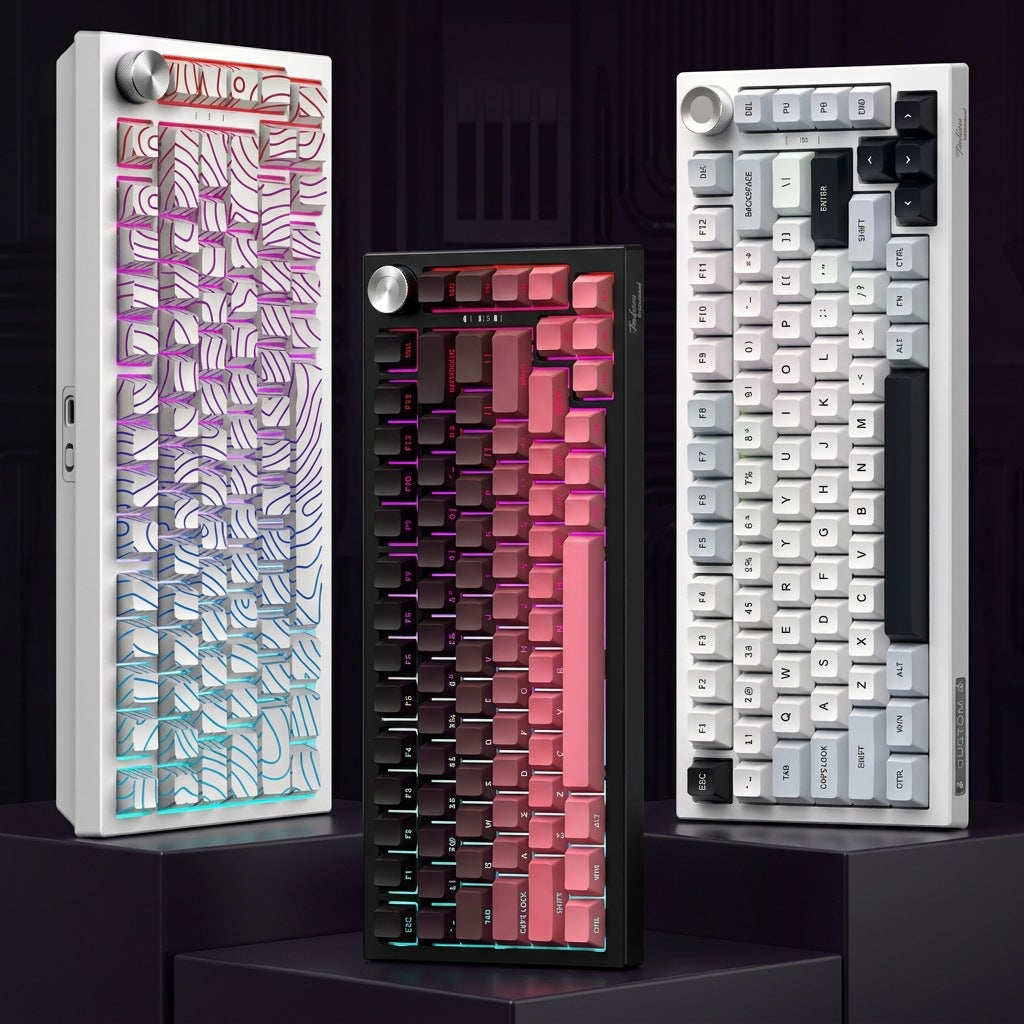 JP K81 Triple Mode RGB Side-Engraved PBT Mechanical Keyboard. Dynamic RGB backlighting with multiple effects enhances the aesthetic and gaming atmosphere