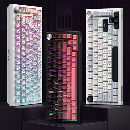 JP K81 Triple Mode RGB Side-Engraved PBT Mechanical Keyboard. Dynamic RGB backlighting with multiple effects enhances the aesthetic and gaming atmosphere