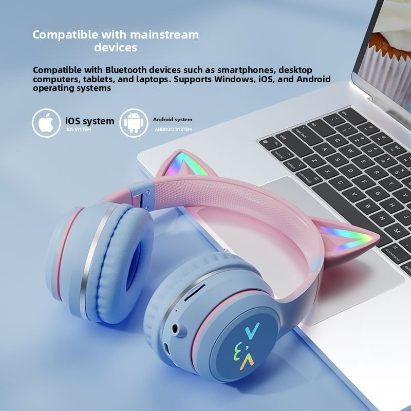 Over-ear Bluetooth headset Features stylish cat ears with customizable breathing lights, offering a unique aesthetic for gaming and fashion.