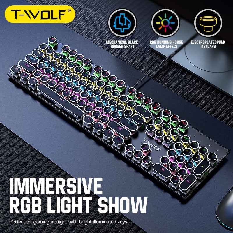 T-Wolf T75 Punk Retro Mechanical Keyboard with Round Keycaps