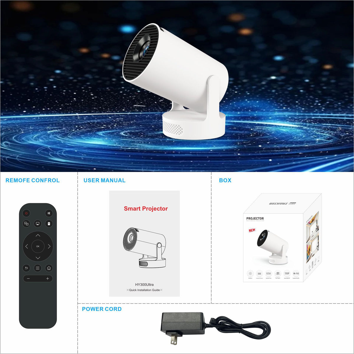 HY300 Ultra Portable 4K Home Projector with Built-in Speakers and HDMI Support. Compact and lightweight, easy to carry for home or outdoor entertainment