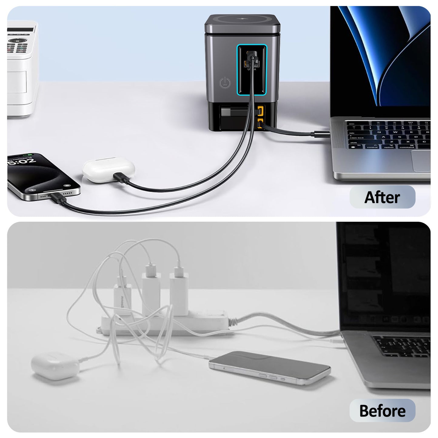 Multi-Port Desktop Charger with Wireless Charging and LED Light