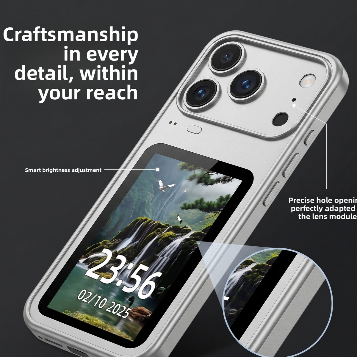 Smart Display Screen Phone Case, Features a 3.5-inch TFT screen for displaying dynamic wallpapers and information. Supports remote photo capture, screen-mirroring for selfies, and built-in games