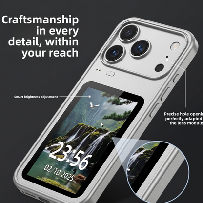 Smart Display Screen Phone Case, Features a 3.5-inch TFT screen for displaying dynamic wallpapers and information. Supports remote photo capture, screen-mirroring for selfies, and built-in games