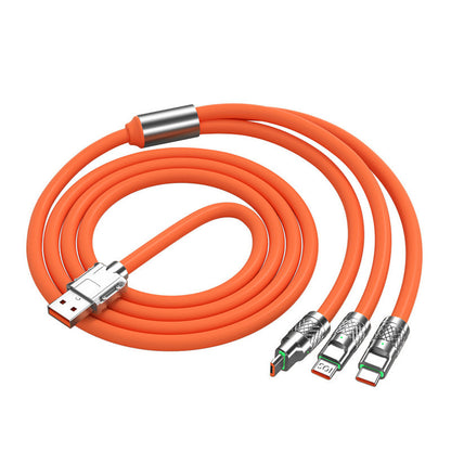 Zn Alloy Fast Cable, High Power Fast Charging: 120W output, Multi-Device Support: One-to-three design with Lightning, Micro USB, and Type-C interfaces, Wide Compatibility, Durable Material: Silicone construction for flexibility and longevity