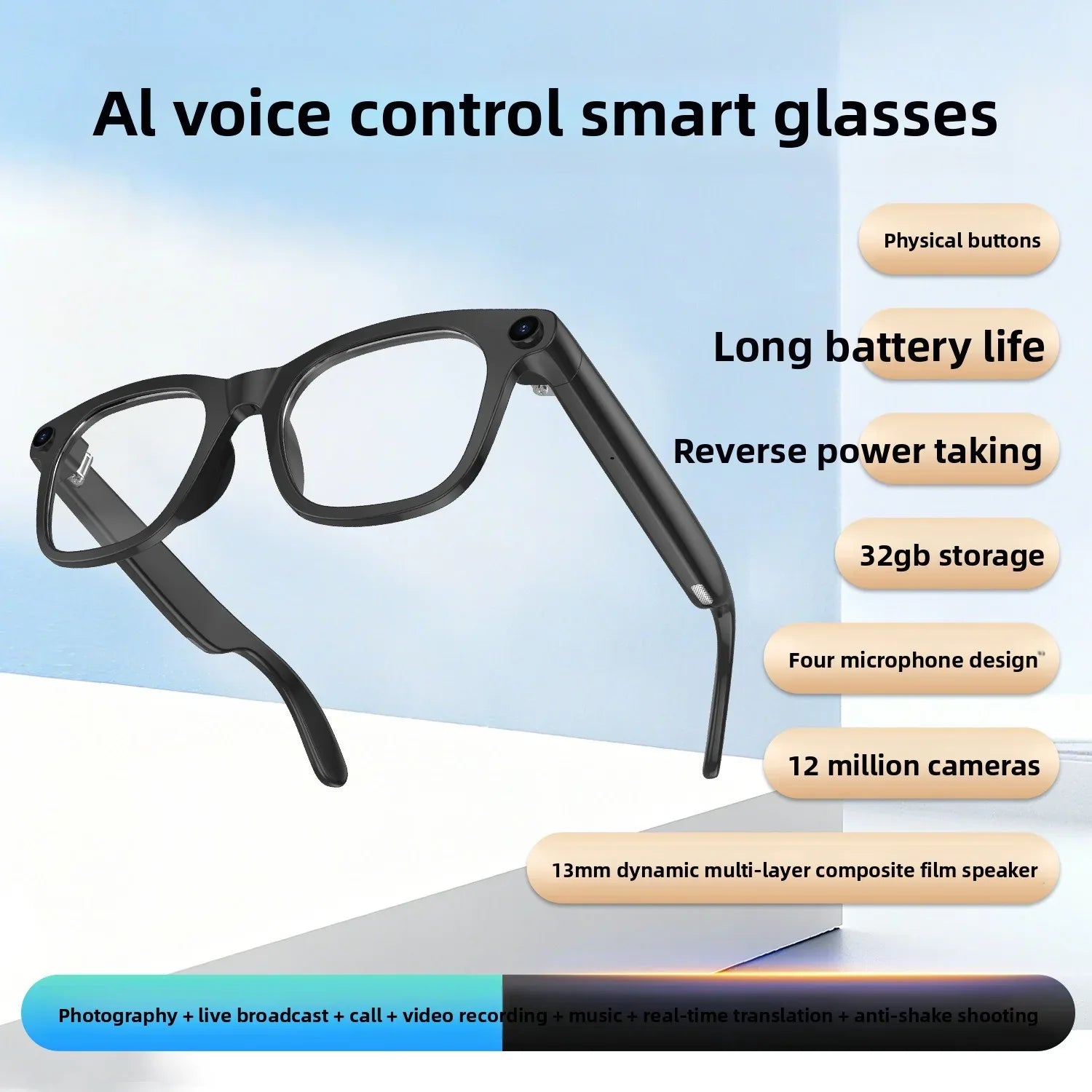 AI Translation Bluetooth Glasses with 12MP Camera, Real-time Bilingual Translation, Dual Microphone, Live Streaming, Music Control, and ChatGPT Integration - ZeeTec Store
