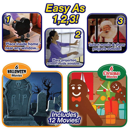Create Holiday vibes by Projecting on Home Window 12 festive short films for Christmas and Halloween celebrations.