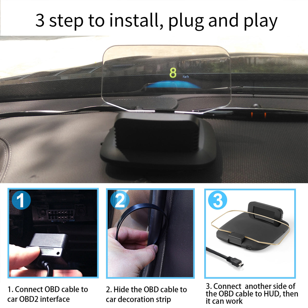 Universal Car Head-Up Display HUD Projector. Projects driving data onto windshield for safer viewing - Universal Compatibility