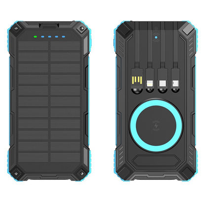 PowerBank with built-in cables and Fast Wireless charging. Equipped with a solar panel to provide emergency power in outdoor environments without access to electricity