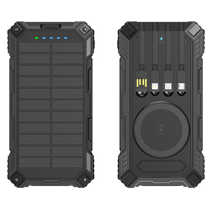 PowerBank with built-in cables and Fast Wireless charging. Equipped with a solar panel to provide emergency power in outdoor environments without access to electricity