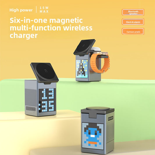 Multi-functional Design: Combines Bluetooth audio, wireless charging, and magnetic phone holder in one device, High Power Output: Total power of 30W and output power of 22.5W, Versatile Compatibility: Suitable for phones, headphones, and watches