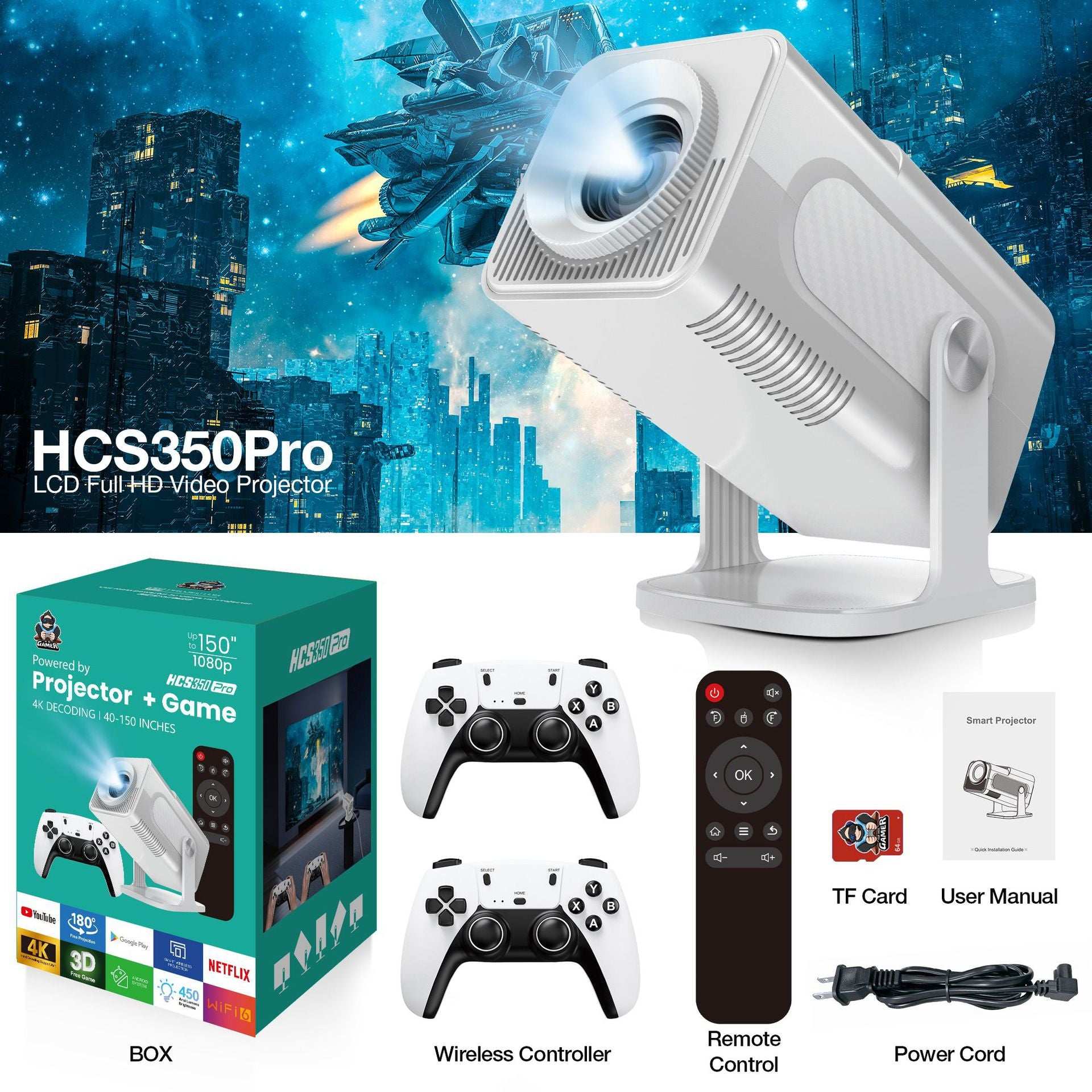 Home Theater Projector Plus Gaming, High-resolution, Supports up to 150-inch screen