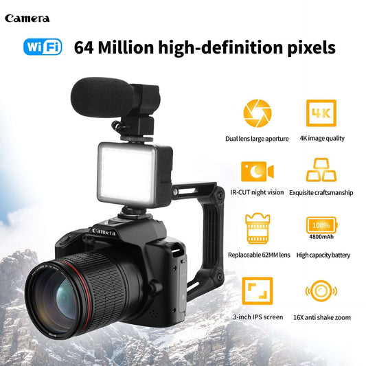 Camera 4K, Dual Lens Night Vision, 64MP High Resolution, Wifi Connectivity, HD Screen 3.0-inch, Stabilization: Electronic anti-shake, Special Features: HD video recording, manual operation