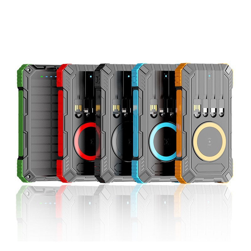 PowerBank with built-in cables and Fast Wireless charging. Equipped with a solar panel to provide emergency power in outdoor environments without access to electricity