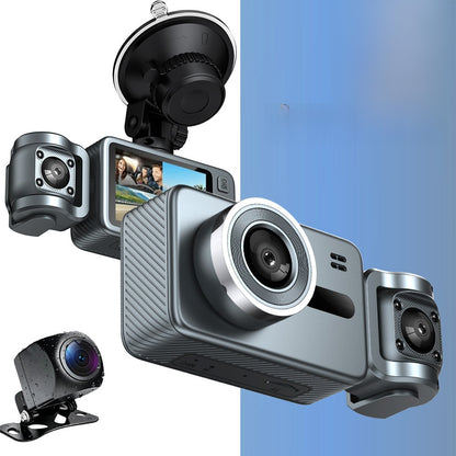 4K Three-Lens Dash Cam, Wide-Angle Night Vision, Parking Monitoring and WiFi. Features front, rear, and interior lenses for 360-degree panoramic coverage.