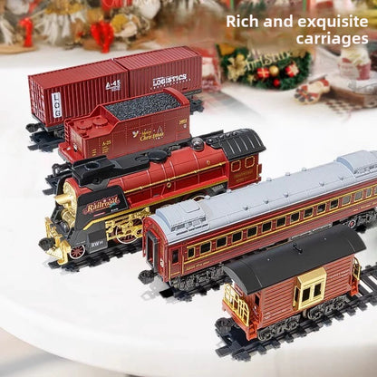 Retro Steam Train Electric Track Toy Features 3 steam spray outlets, Combines lights, forward/backward movement, and simulated steam whistle sounds.