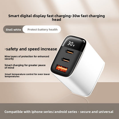 30W Triple Port Fast Charger with Digital Display, Universal Compatibility, PD Protocol: Supports Power Delivery for efficient fast charging