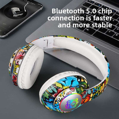 Bluetooth Glowing graffiti headphones, Luminous Design, Card Insertable- Supports memory card insertion, Multi-Compatibility, Long Battery Life 200mAh battery capacity, Lightweight 200g
