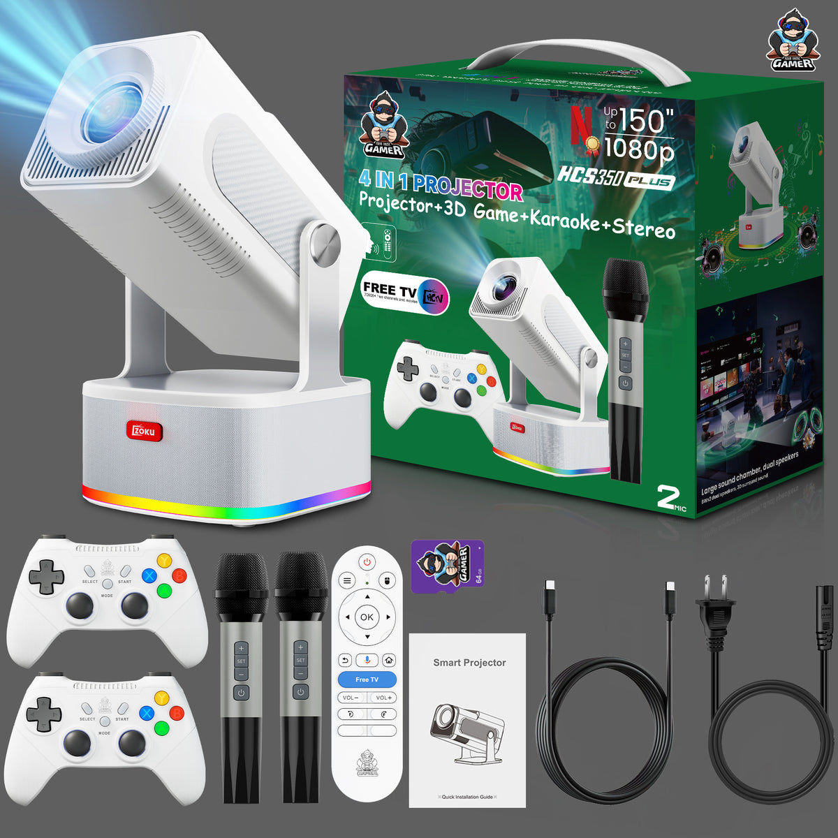 HCS350 Plus Android 1080P Home Projector with KTV, Gaming Support and audio playback