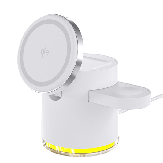 3-in-1 Wireless Charger, Magsafe Technology, 15W Fast Charging, Built-in Atmosphere Light, Universal Compatibility: Supports Samsung/Apple watches and QC protocol devices (phone)