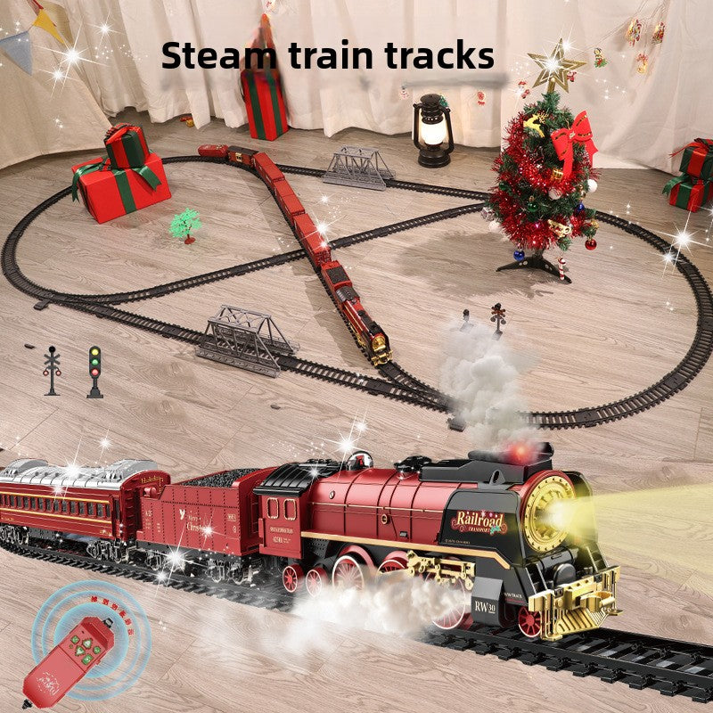 Retro Steam Train Electric Track Toy Features 3 steam spray outlets, Combines lights, forward/backward movement, and simulated steam whistle sounds.