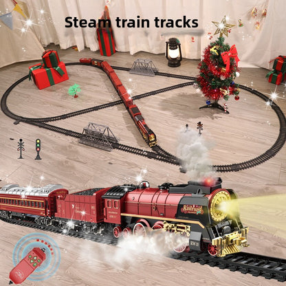Retro Steam Train Electric Track Toy Features 3 steam spray outlets, Combines lights, forward/backward movement, and simulated steam whistle sounds.