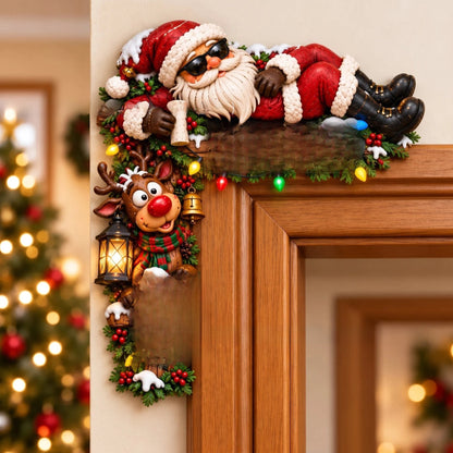 Christmas Peekaboo Door Frame Corner Decor. Simple setup, holiday characters and elements for seasonal ambiance