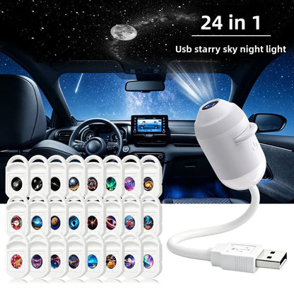 USB Starry Sky Projection soothing night light lamp. Creates a romantic galaxy atmosphere with multiple replaceable star charts. Perfect for relaxation and creating a calming environment.