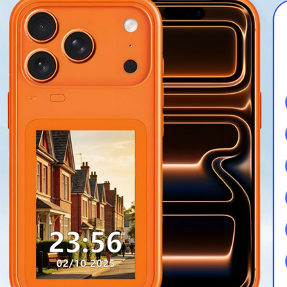 Smart Display Screen Phone Case, Features a 3.5-inch TFT screen for displaying dynamic wallpapers and information. Supports remote photo capture, screen-mirroring for selfies, and built-in games