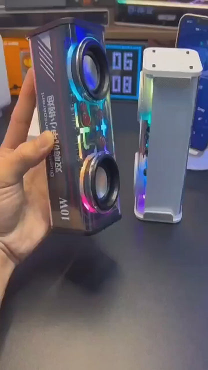 Transparent Mecha Bluetooth 5.0 TWS Speakers – Wireless Mini Party Loudspeaker with Double Bass Diaphragm & RGB Lights