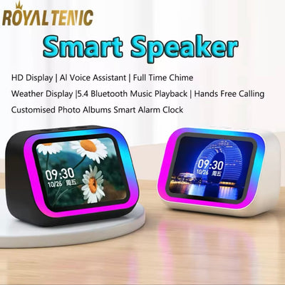 Smart Bluetooth Speaker Clock, Large LED Display: Shows time, weather and temperature, Smart Voice Assistant: Hands-free control, Stylish Bedroom Décor: Sleek design, Ambient Lighting: Adds a cozy atmosphere