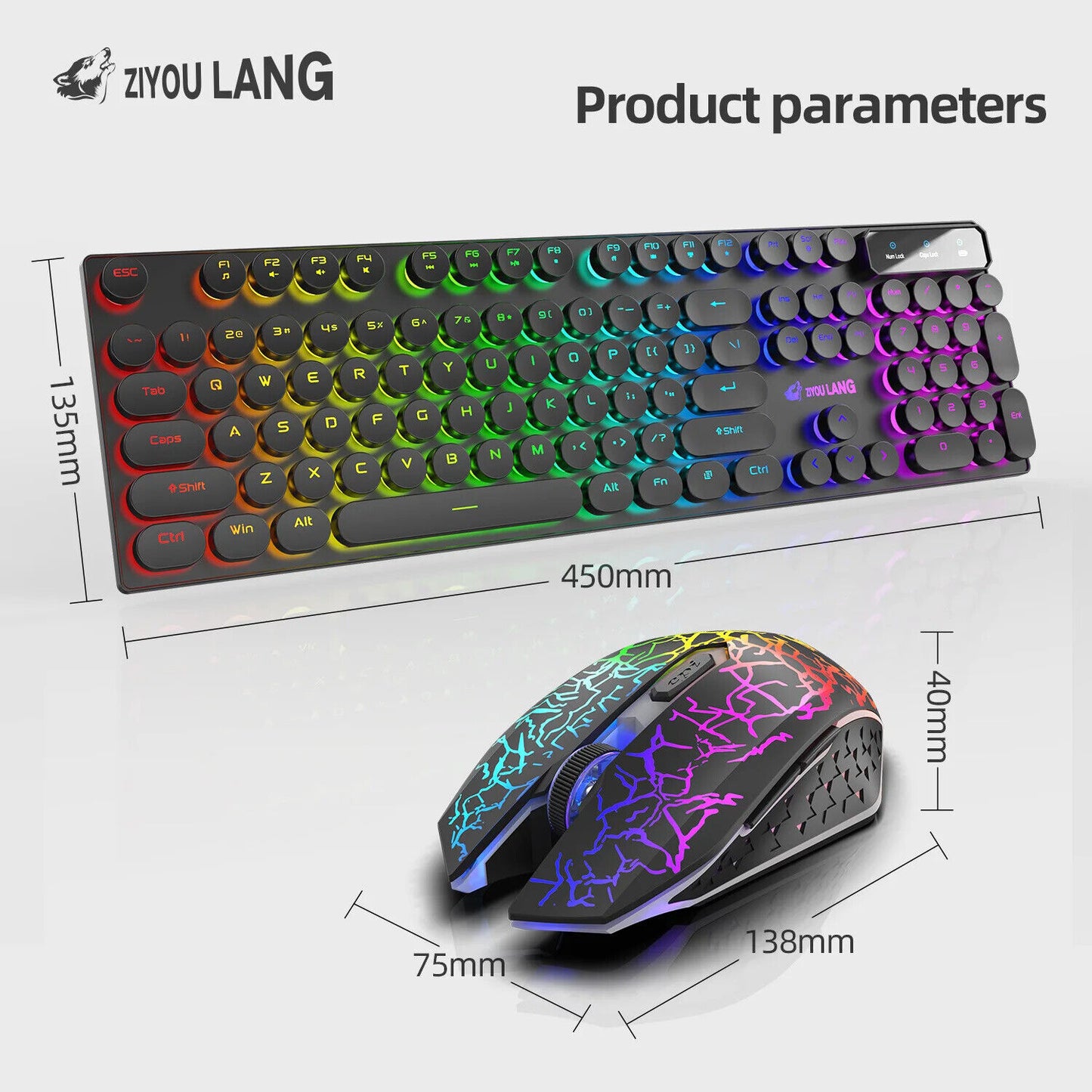 2.4G WIRELESS KEYBOARD MOUSE Set RGB BACKLIGHT RECHARGABLE KEYCAP RETRO