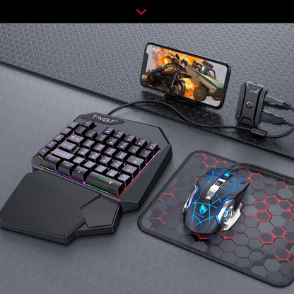 T-Wolf One Handed Gaming Keyboard Mouse Converter Mobile Game Backlight
