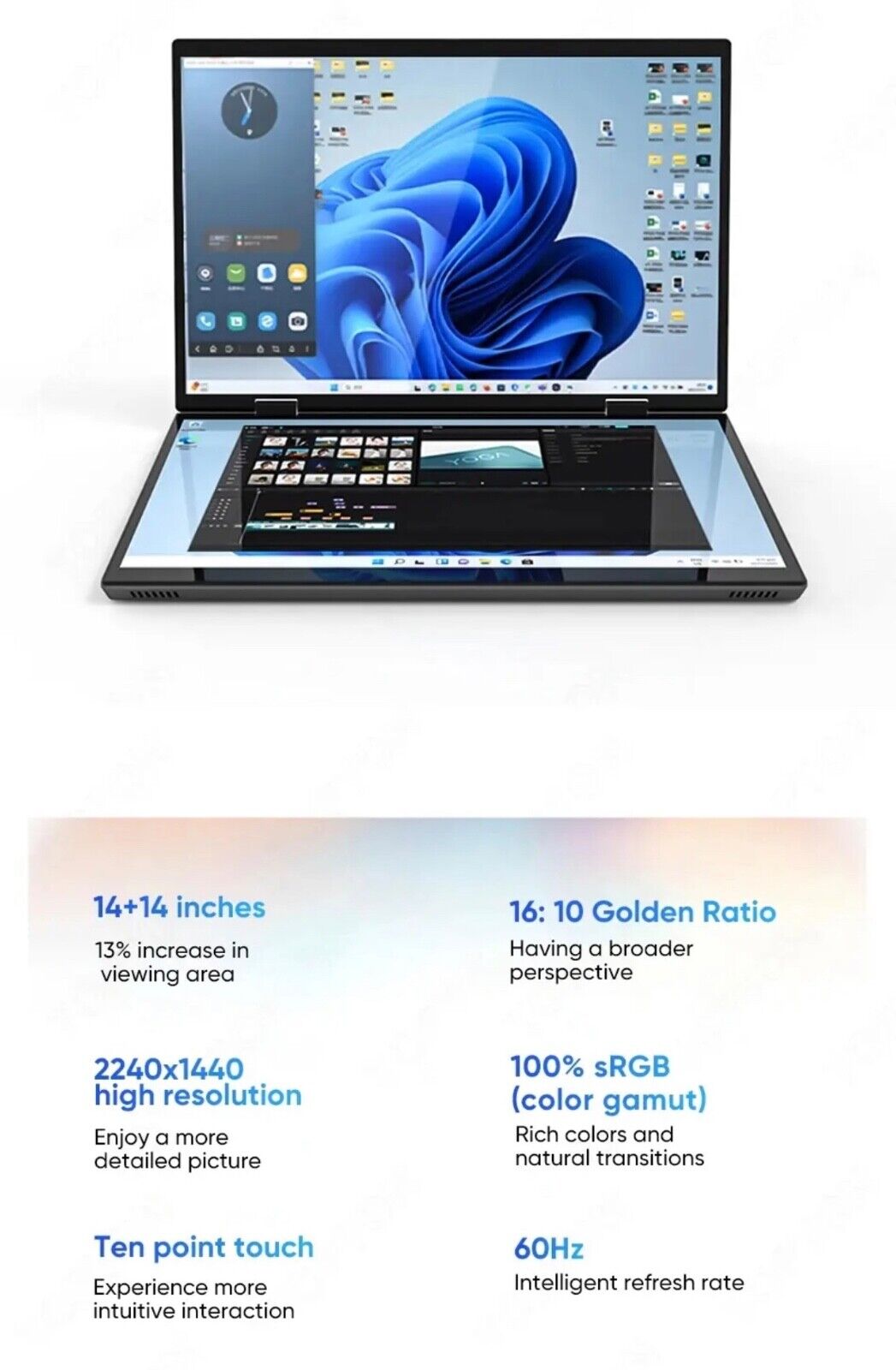 ZeeTec 14" DUAL SCREEN LAPTOP COMPUTER 360 Degrees Flip Intel N95 16GB 512GB SSD