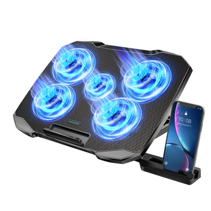 Laptop Cooling Pad – 12-15.6” Stand, 5 Quiet Fans, Adjustable Height, Built-in Pho