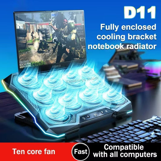Laptop Cooling Pad 10 Quiet Fans RGB Stand w/ Digital Display for 12–18” Laptops