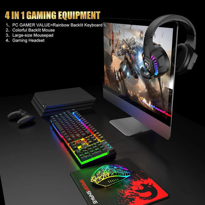 4-in-1 Gaming Combo Bundle Wired Keyboard, Mouse, Headset & Pad, RGB LED Backlit