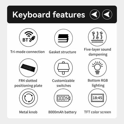 Wireless Wired Mechanical Keyboard 98 keys RGB TFT Display Knob Hot SWAP SWITCH