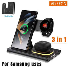3 in 1 Wireless Charger Samsung - Fast Charging Stand with LED Light & Foldable Design