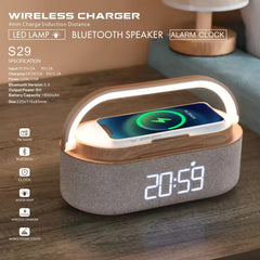 Bluetooth Speaker + Clock + 15W Wireless Charger, Dual Stereo Speakers, Alarm Clock with Dimmable LED Display, 1800mAh Large Battery & Long-lasting Use, Stylish Wooden & Fabric Design