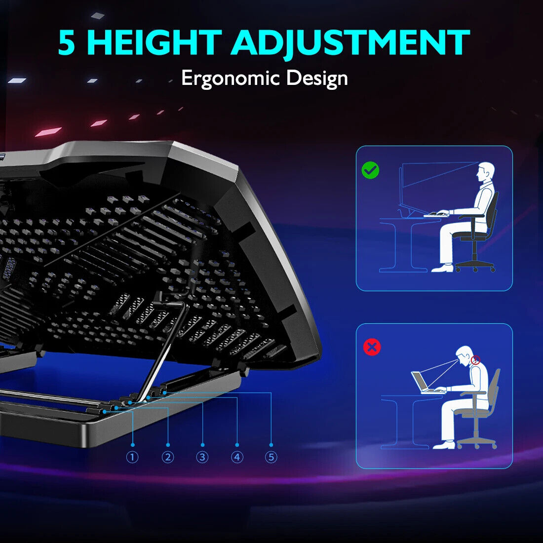 Laptop Cooling Pad – 12-15.6” Stand, 5 Quiet Fans, Adjustable Height, Built-in Pho