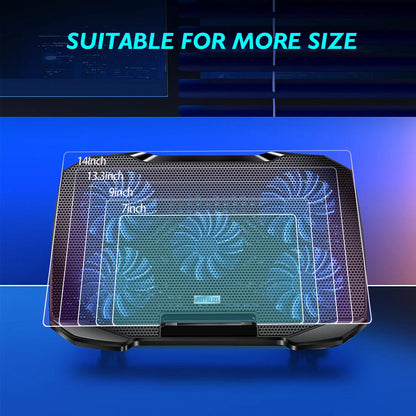 Laptop Cooling Pad – 12-15.6” Stand, 5 Quiet Fans, Adjustable Height, Built-in Pho