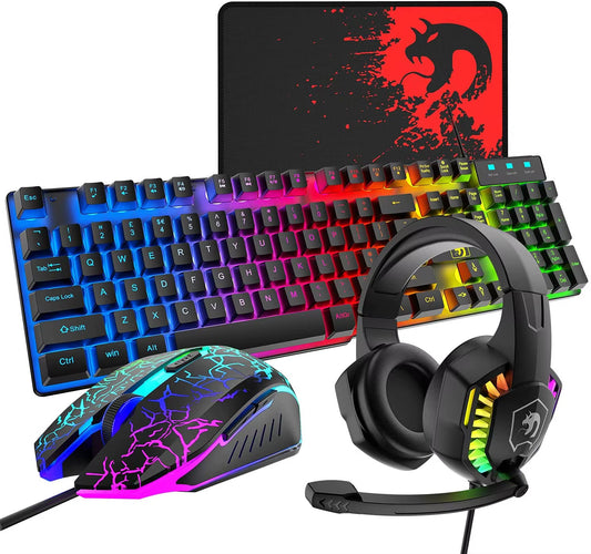4-in-1 Gaming Combo Bundle Wired Keyboard, Mouse, Headset & Pad, RGB LED Backlit