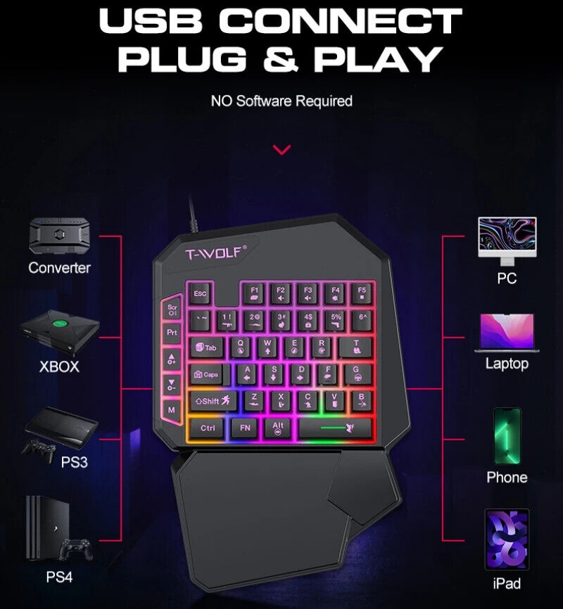 T-Wolf One Handed Gaming Keyboard Mouse Converter Mobile Game Backlight
